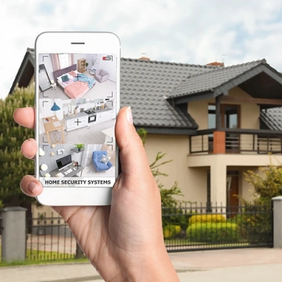 Tyler vivint phone display of cctv live feed in front of a house